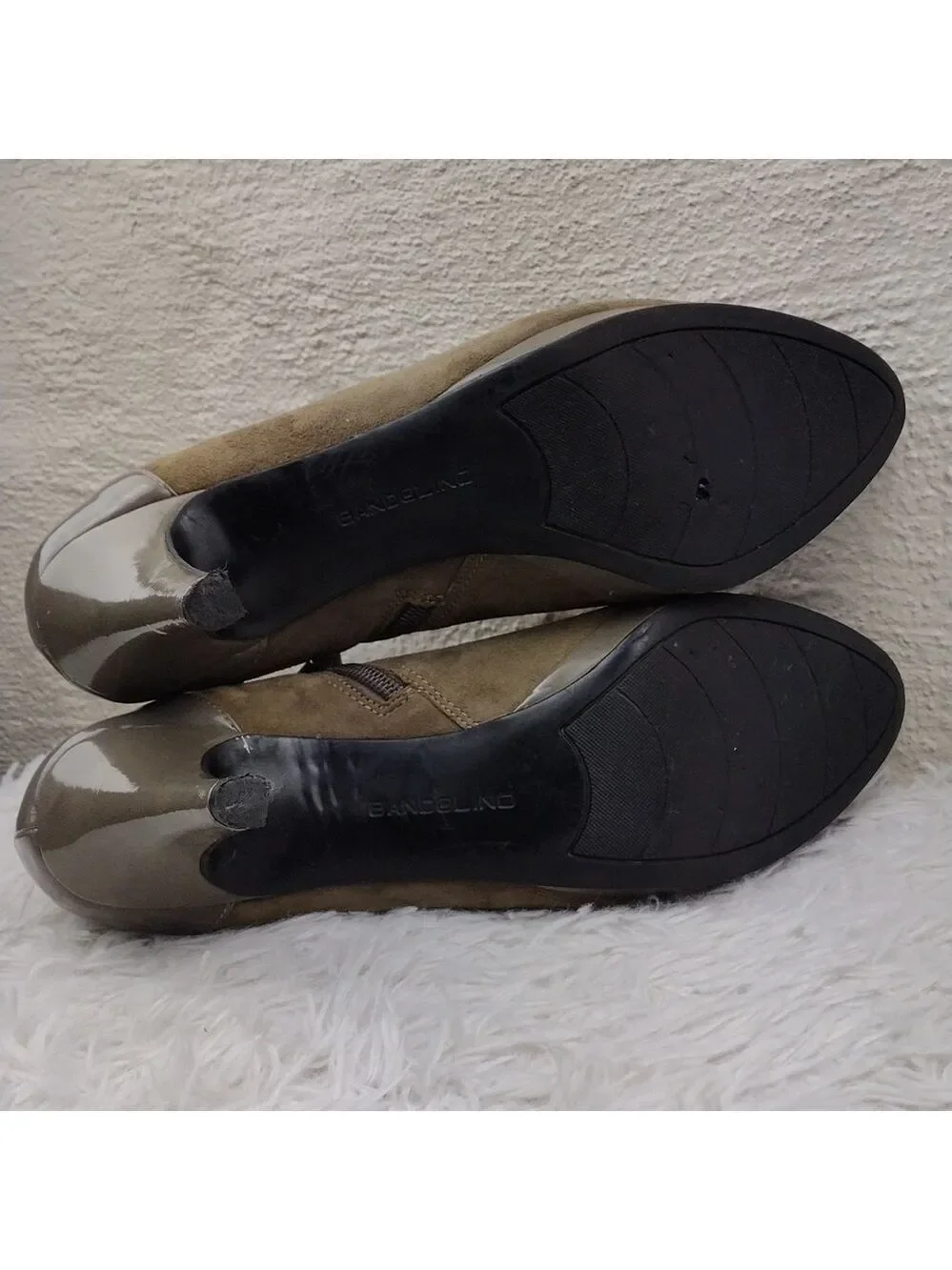 Bandolino Cardinal Taupe Suede Patent Leather Almond Toe High Heel Ankle Bootie